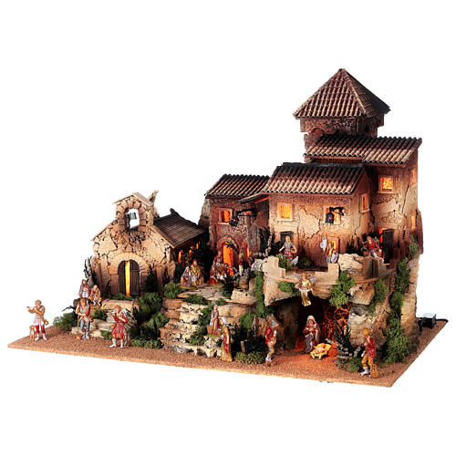 Mieścina z wieżą, domem i kościołem, z kompletem figurek szopki Moranduzzo 8 cm, 50x70x45 cm 3