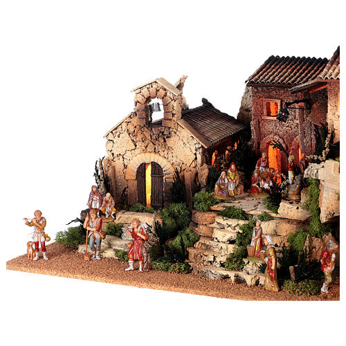 Mieścina z wieżą, domem i kościołem, z kompletem figurek szopki Moranduzzo 8 cm, 50x70x45 cm 5
