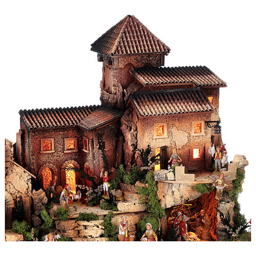 Mieścina z wieżą, domem i kościołem, z kompletem figurek szopki Moranduzzo 8 cm, 50x70x45 cm 7