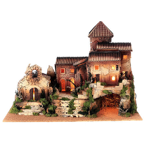 Mieścina z wieżą, domem i kościołem, z kompletem figurek szopki Moranduzzo 8 cm, 50x70x45 cm 8