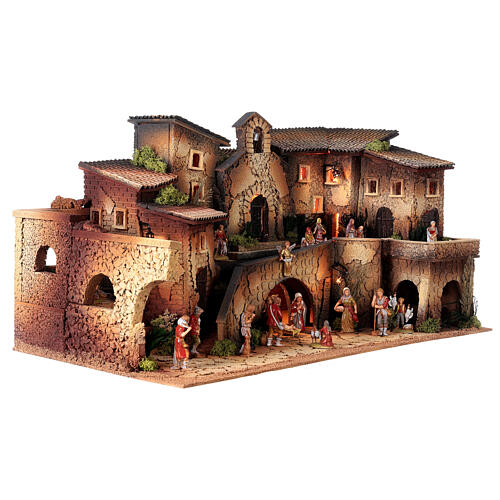 Complete nativity village with church Moranduzzo statues 8 cm 40x70x40 cm 5