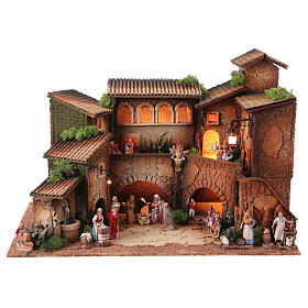 Nativity village with porch, clock tower and fountain, Moranduzzo's characters of 8 cm, 40x60x40 cm