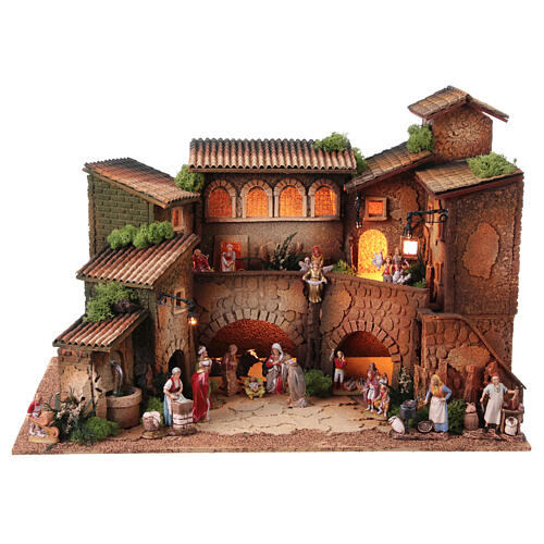 Nativity village with porch, clock tower and fountain, Moranduzzo's characters of 8 cm, 40x60x40 cm 1