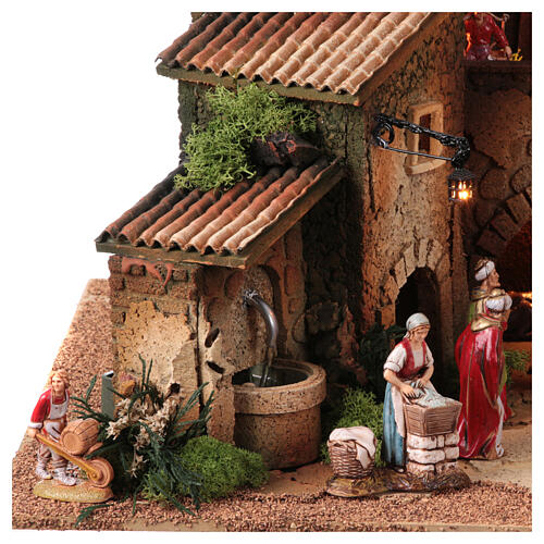 Nativity village with porch, clock tower and fountain, Moranduzzo's characters of 8 cm, 40x60x40 cm 12