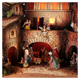 Nativity village with porch, clock tower and fountain for characters of 8 cm, 40x60x40 cm