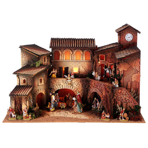 Nativity village with porch, clock tower and fountain for characters of 8 cm, 40x60x40 cm 1