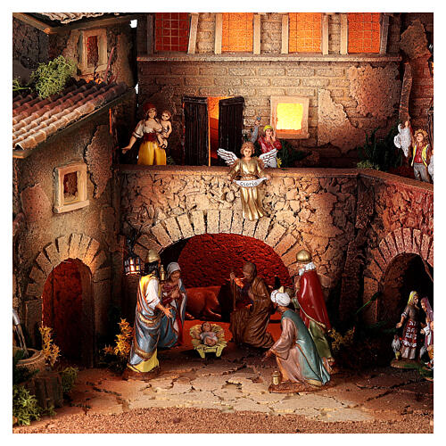 Nativity village with porch, clock tower and fountain for characters of 8 cm, 40x60x40 cm 2