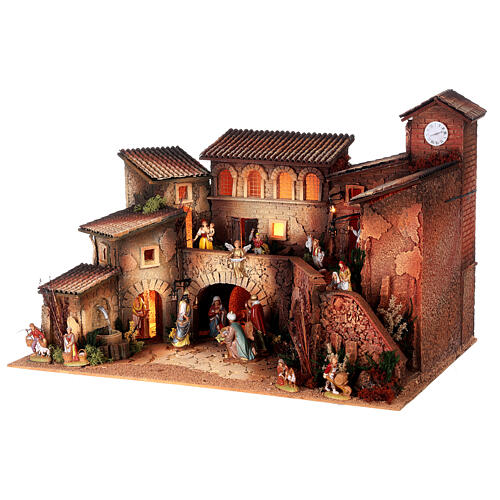Nativity village with porch, clock tower and fountain for characters of 8 cm, 40x60x40 cm 3