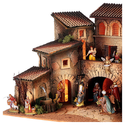Nativity village with porch, clock tower and fountain for characters of 8 cm, 40x60x40 cm 4