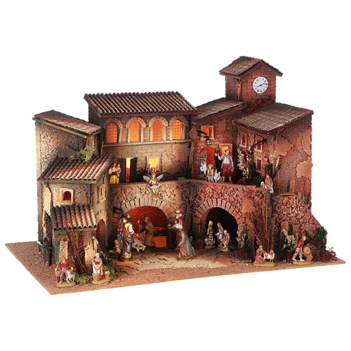 Nativity village with porch, clock tower and fountain for characters of 8 cm, 40x60x40 cm 5
