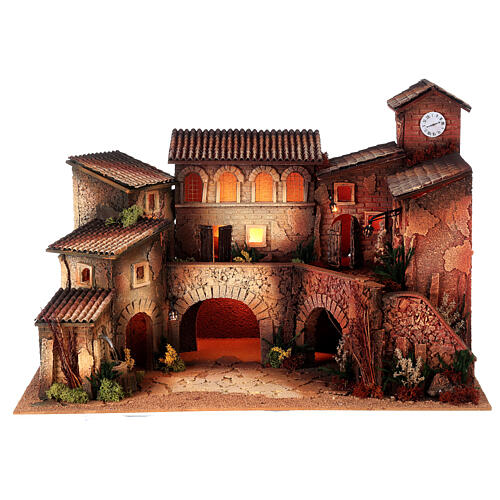 Nativity village with porch, clock tower and fountain for characters of 8 cm, 40x60x40 cm 7