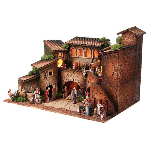 Nativity village with porch, clock tower and fountain for characters of 8 cm, 40x60x40 cm 5