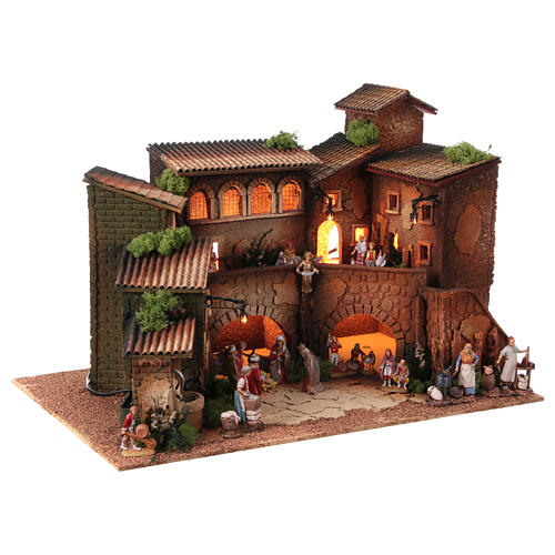 Nativity village with porch, clock tower and fountain for characters of 8 cm, 40x60x40 cm 10