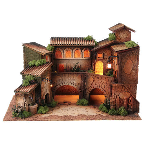 Nativity village with porch, clock tower and fountain for characters of 8 cm, 40x60x40 cm 15