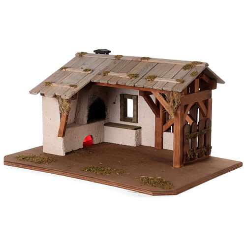 Wood Nativity Scene setting, Nordic style, with fireplace, 25x45x30 cm, for characters of 10 cm height 3