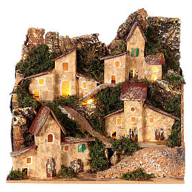 Dorf an Felswand, Krippenszenerie, mit Beleuchtung, für 10-12 cm Krippe, 20x20x15 cm