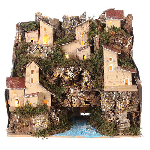 Dorf an Felswand und Fluss, Krippenszenerie, mit Beleuchtung, für 10-12 cm Krippe, 20x20x15 cm 1