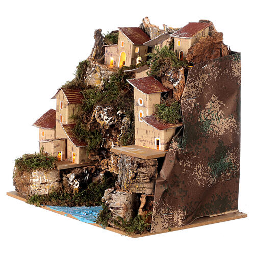 Dorf an Felswand und Fluss, Krippenszenerie, mit Beleuchtung, für 10-12 cm Krippe, 20x20x15 cm 2