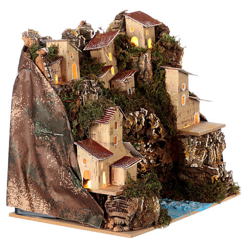 Dorf an Felswand und Fluss, Krippenszenerie, mit Beleuchtung, für 10-12 cm Krippe, 20x20x15 cm 3