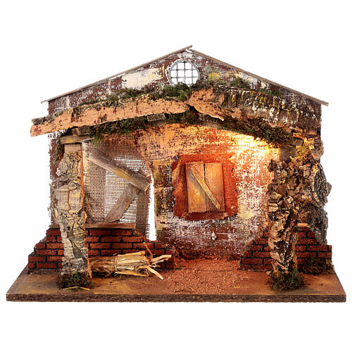 Rustic illuminated cabin for Nativity Scene with 12 cm characters 30x40x20 cm 1