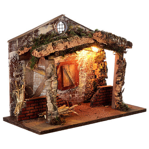 Rustic illuminated cabin for Nativity Scene with 12 cm characters 30x40x20 cm 4