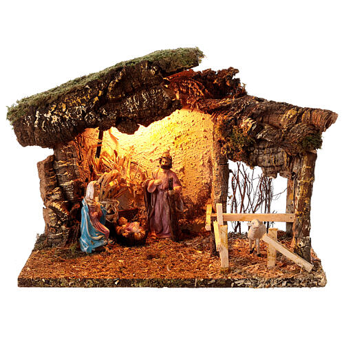 Budynek wiejski z korka do szopki, Święta Rodzina i oświetlenie, 25x35x20 cm, do figurek 10 cm 1