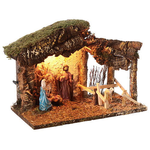 Budynek wiejski z korka do szopki, Święta Rodzina i oświetlenie, 25x35x20 cm, do figurek 10 cm 3