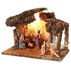Cabana cortiça Natividade presépio iluminada para figuras altura média 10 cm; 24x33x18 cm