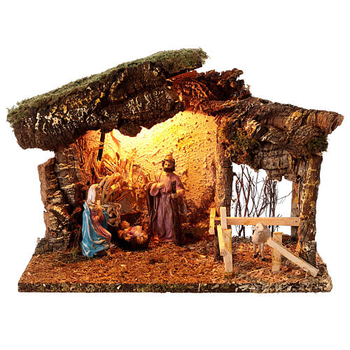 Cabana cortiça Natividade presépio iluminada para figuras altura média 10 cm; 24x33x18 cm 1