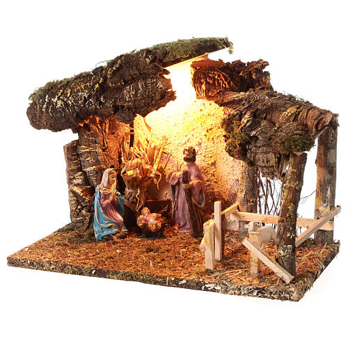 Cabana cortiça Natividade presépio iluminada para figuras altura média 10 cm; 24x33x18 cm 2