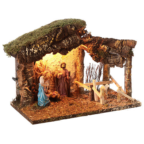 Cabana cortiça Natividade presépio iluminada para figuras altura média 10 cm; 24x33x18 cm 3