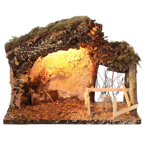 Cabana cortiça Natividade presépio iluminada para figuras altura média 10 cm; 24x33x18 cm 4