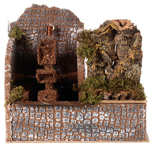 Moinho de água em miniatura com bomba, parede rochosa de cortiça, para presépio com figuras altura média 10-12 cm; 18x20x13 cm 1