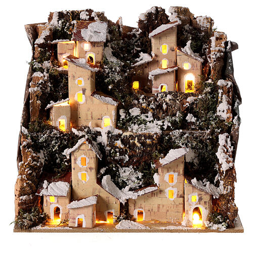 Snowy landscape with lights and houses for Nativity Scene with characters of 3 cm 20x20x15 cm 1