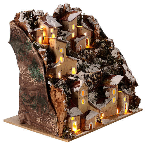 Snowy landscape with lights and houses for Nativity Scene with characters of 3 cm 20x20x15 cm 3