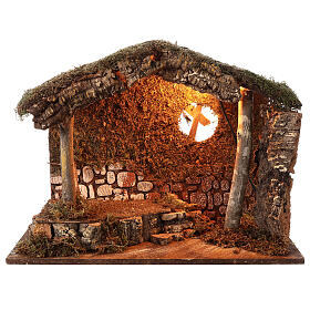 Cabana iluminada com parede rochosa cortiça para presépio com figuras altura média 16 cm; 38x50x23 cm