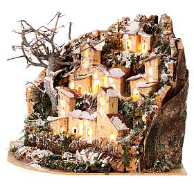 Snowy landscape with houses and lights for Nativity Scene with 10-12 cm characters, for background, 20x25x20 cm