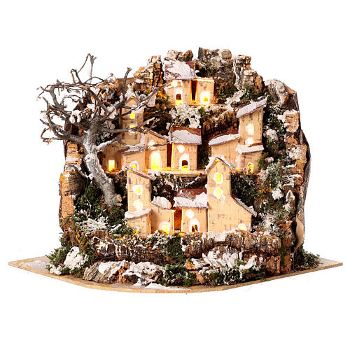 Snowy landscape with houses and lights for Nativity Scene with 10-12 cm characters, for background, 20x25x20 cm 1