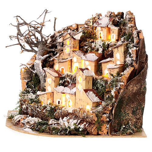 Snowy landscape with houses and lights for Nativity Scene with 10-12 cm characters, for background, 20x25x20 cm 2
