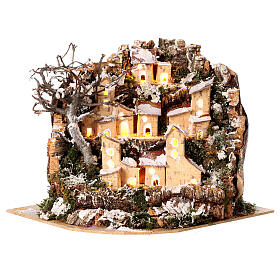 Paisagem nevada casas iluminadas efeito distância presépio com figuras altura média 10-12; 20x24x21 cm