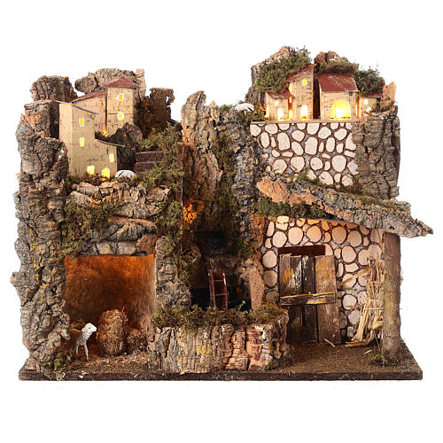 Setting with watermill, lights and sheeps for Nativity Scene with 10-12 cm characters 40x45x30 cm 1