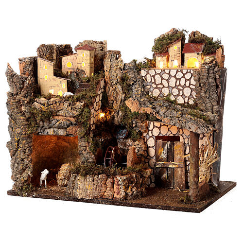 Setting with watermill, lights and sheeps for Nativity Scene with 10-12 cm characters 40x45x30 cm 3
