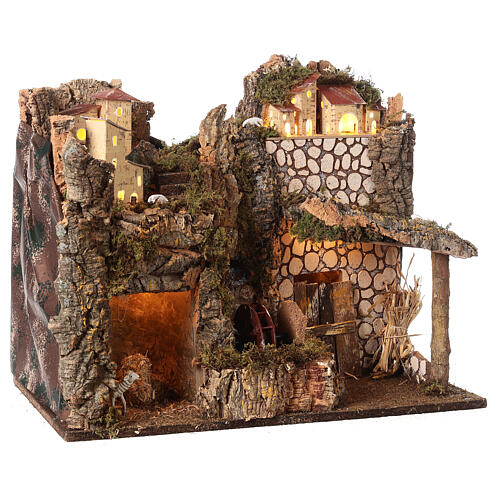 Setting with watermill, lights and sheeps for Nativity Scene with 10-12 cm characters 40x45x30 cm 4