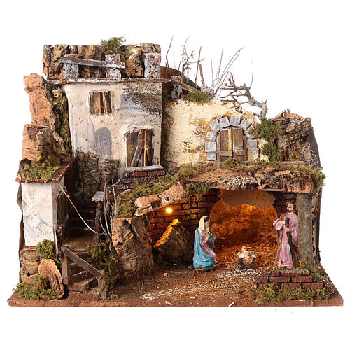 Rustic stable and house on rock face, Nativity and lights, 35x45x30 cm, for Nativity Scene with characters of 6-8 cm 1