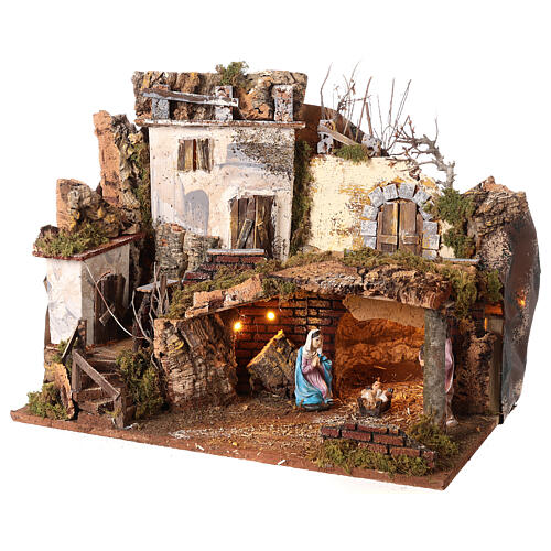 Rustic stable and house on rock face, Nativity and lights, 35x45x30 cm, for Nativity Scene with characters of 6-8 cm 2
