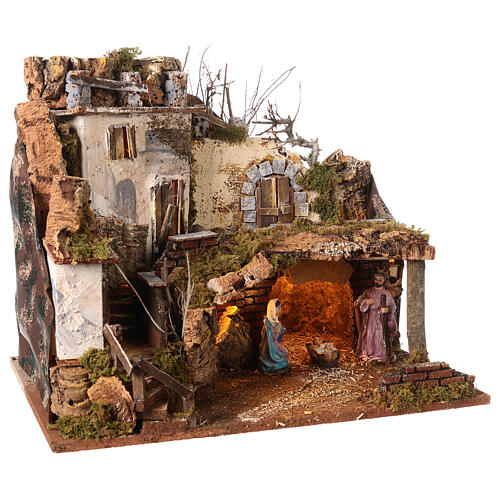 Maison rustique avec grotte mur de roche en liège nativité avec lumières 35x45x30 cm pour crèche 6-8 cm 3