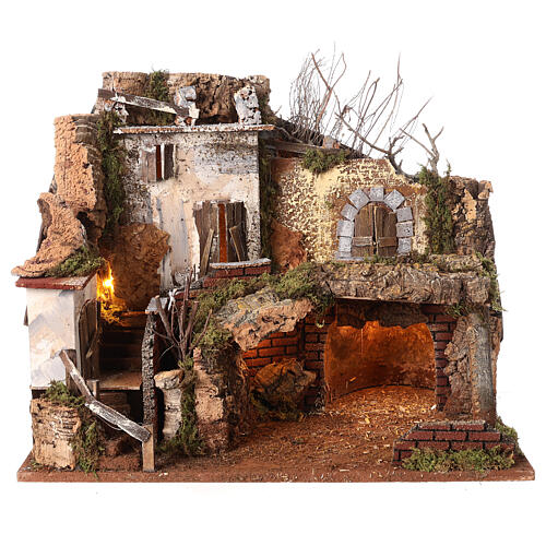 Maison rustique avec grotte mur de roche en liège nativité avec lumières 35x45x30 cm pour crèche 6-8 cm 4