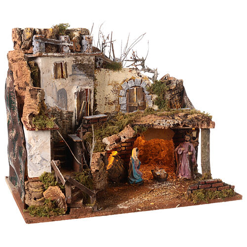 Capanna rustica pareti rocciose in sughero natività luci 35x45x30 cm per presepe 6-8 cm 3