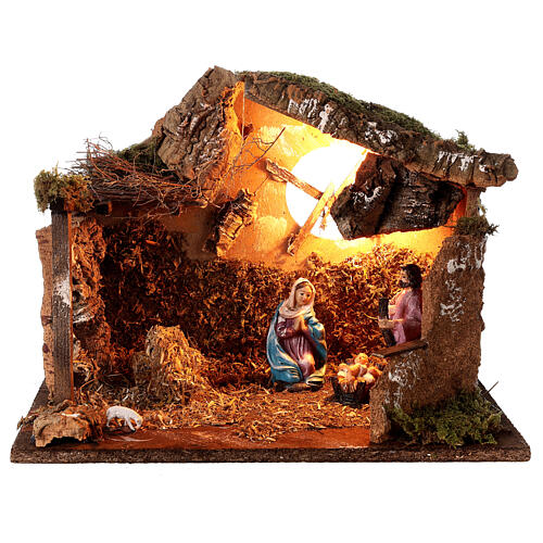 Cork stable with rock walls, Holy Family and lamb 25x35x20 cm for Nativity Scene with characters of 10 cm 1