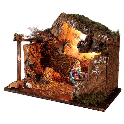 Cork stable with rock walls, Holy Family and lamb 25x35x20 cm for Nativity Scene with characters of 10 cm 2